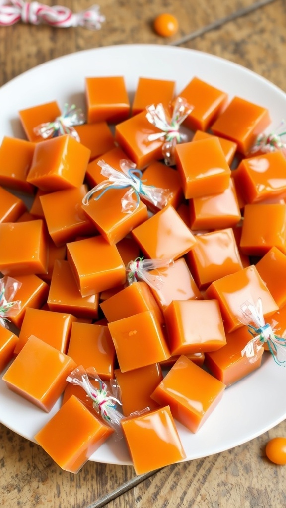 Homemade caramels wrapped in colorful cellophane on a rustic wooden table.